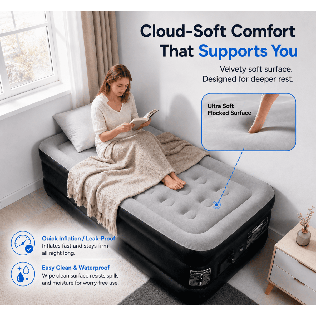 SaveJoy 18" Twin Air Mattress with Built-in Pump, Premium Blow Up Bed for Home, Overnight Guests & Indoor Camping, Soft Flocked Top Inflatable Mattress