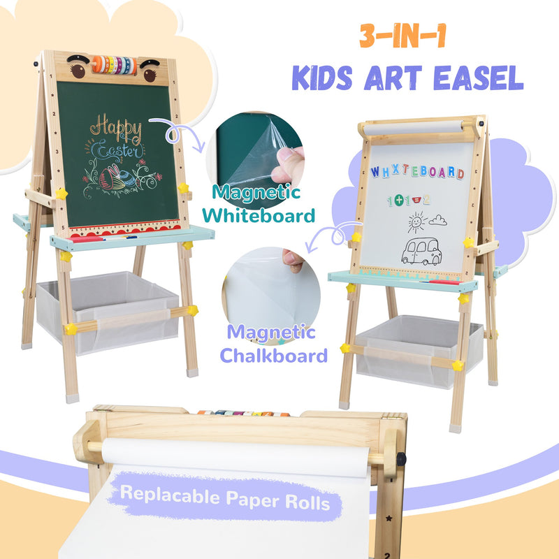 SaveJoy Kids Art Easel with Paper Roll，Double-Sided Adjustable Standing Drawing Board with Accessories for Toddlers
