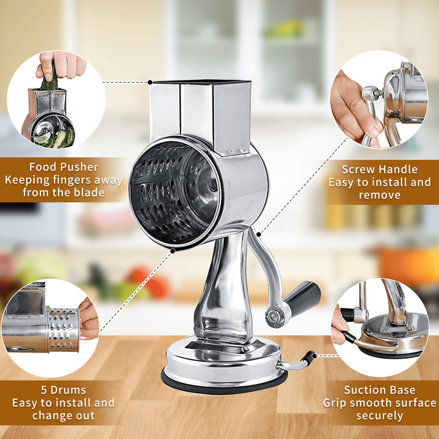 ORFELD Rotary Cheese Grater with Handle - Vegetable Shredder with 5 Well-designed Blades & Strong Suction Base,Round Mandoline Slicer & Food Chopper for Kitchen