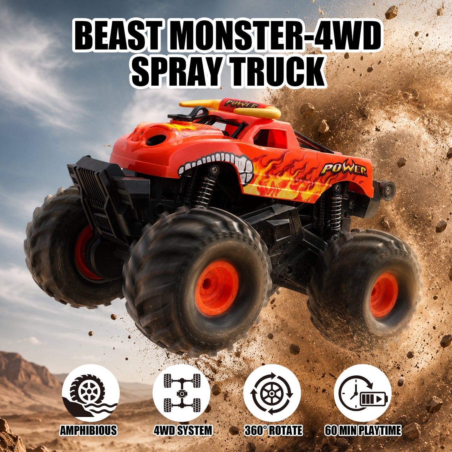 SaveJoy Remote Control Car, 1:20 4WD Amphibious RC Monster Truck with Dual Spray, Waterproof Stunt Vehicle Gift for Boys 6-12