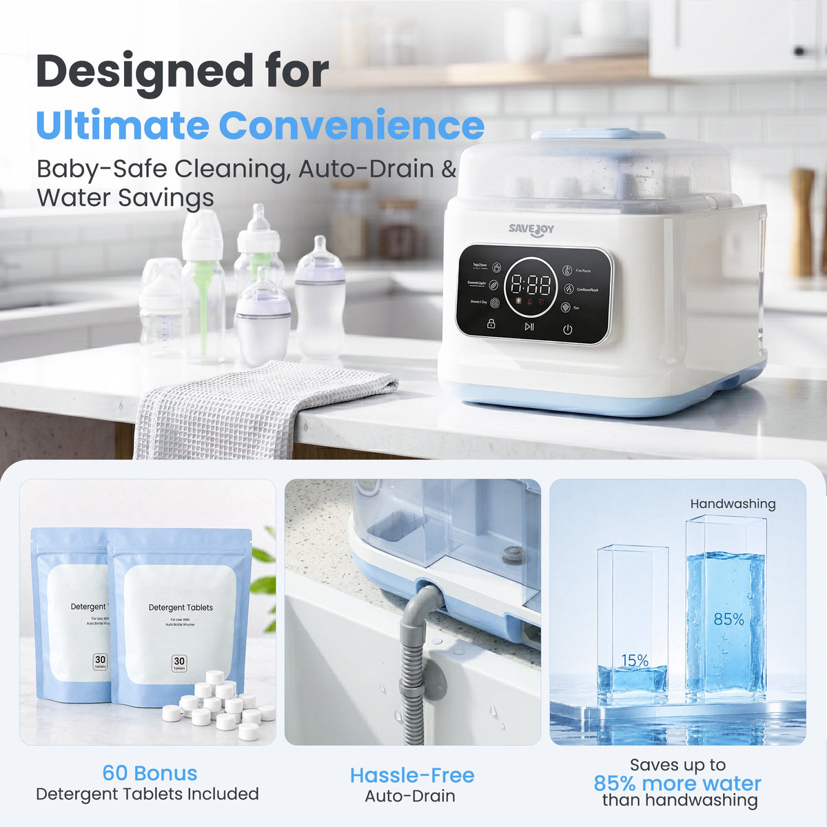 SaveJoy Baby Bottle Washer Sterilizer and Dryer, Automatic Bottle Cleaning Machine, Large Capacity for Baby Bottles, Breast Pump Parts and Pacifiers, 72H Storage
