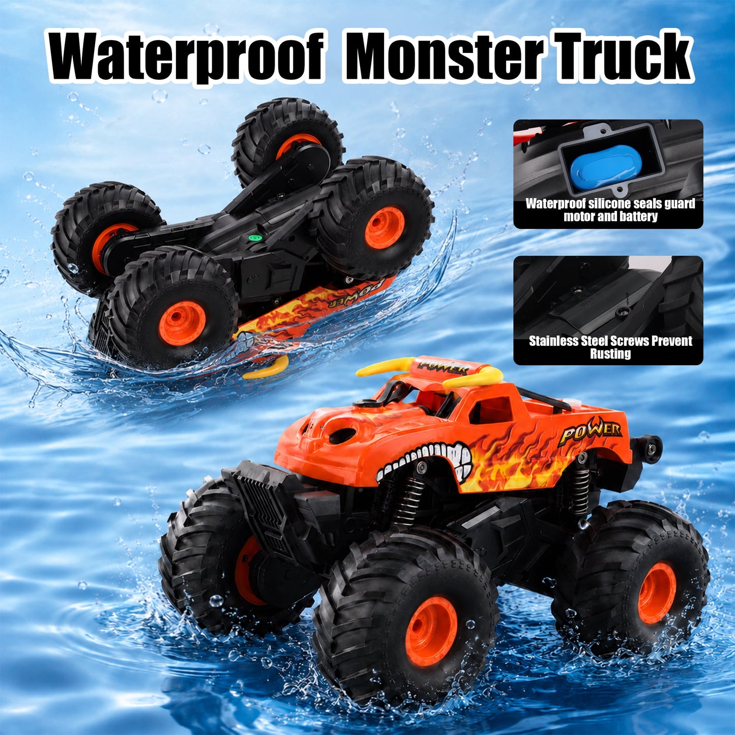 SaveJoy Remote Control Car, 1:20 4WD Amphibious RC Monster Truck with Dual Spray, Waterproof Stunt Vehicle Gift for Boys 6-12