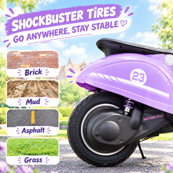 SaveJoy Kids Motorcycle 24V Retro Ride on for Ages 8+, LED Light-Up Electric Ride On Toy,Durable Outdoor Gift for Boys & Girls,Purple