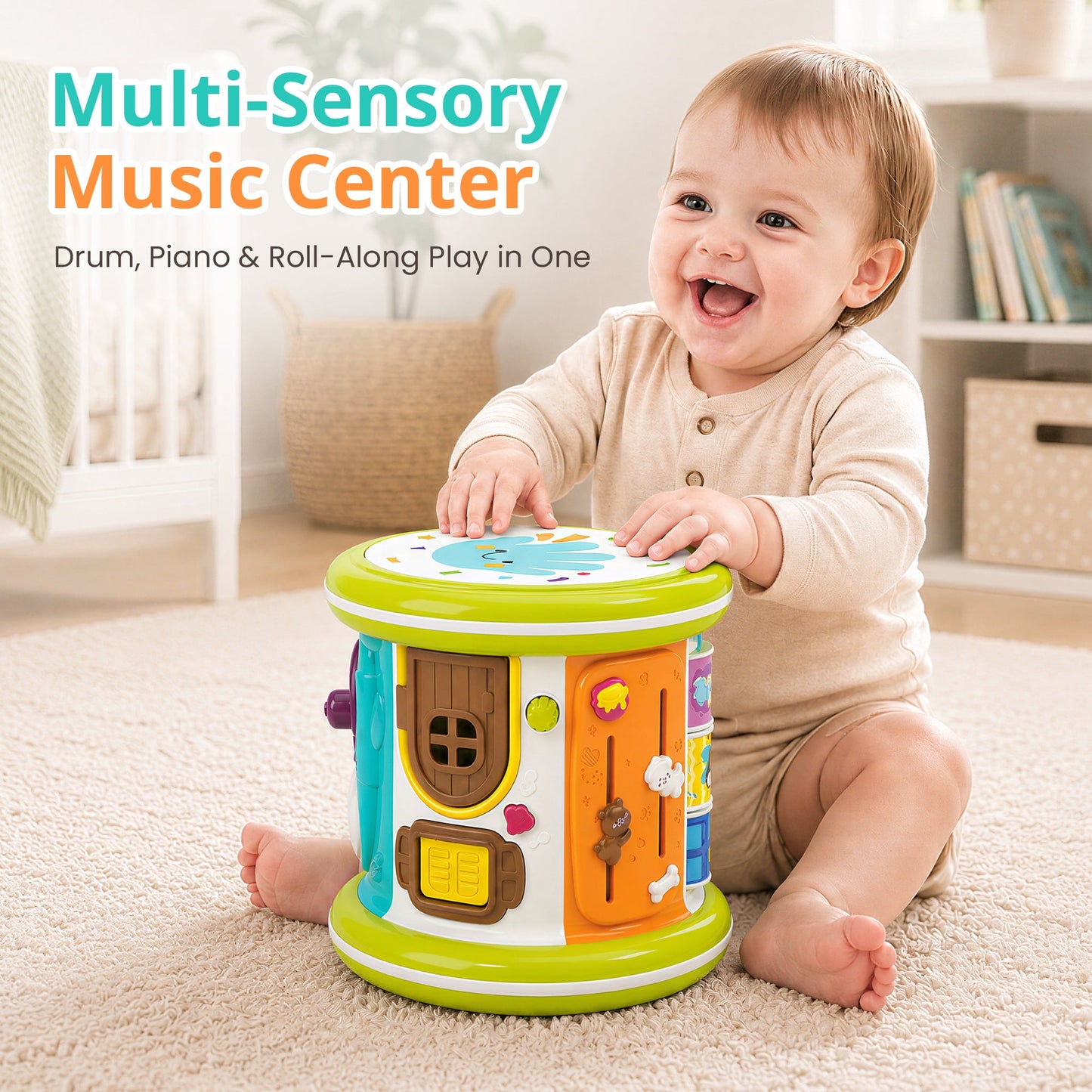 SaveJoy 6-in-1 Musical Activity Drum, Rolling Sensory Toy with Light-Up Hand Drum & Shape Sorter, Montessori Early Learning Gift for Toddlers 1-3