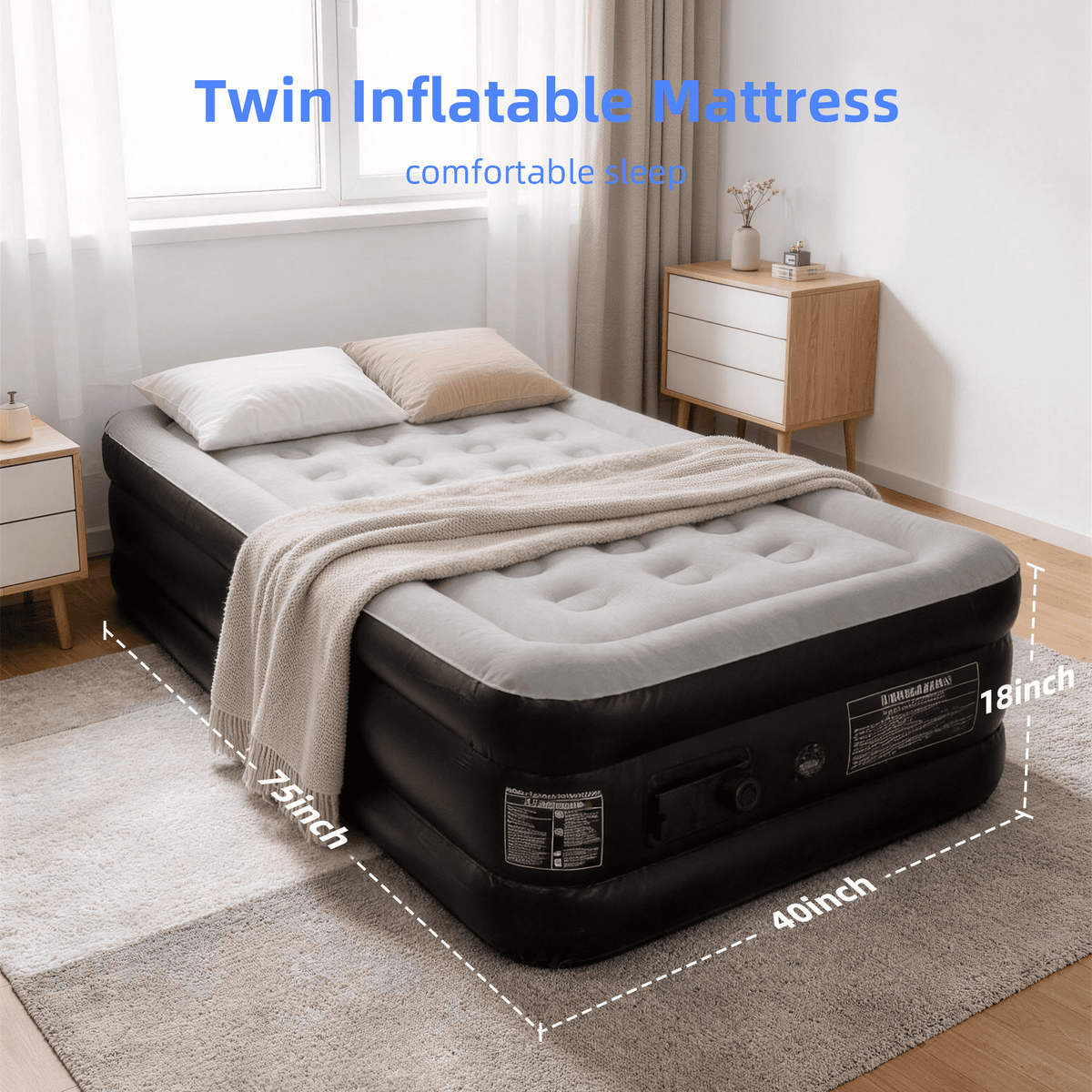 SaveJoy 18" Twin Air Mattress with Built-in Pump, Premium Blow Up Bed for Home, Overnight Guests & Indoor Camping, Soft Flocked Top Inflatable Mattress