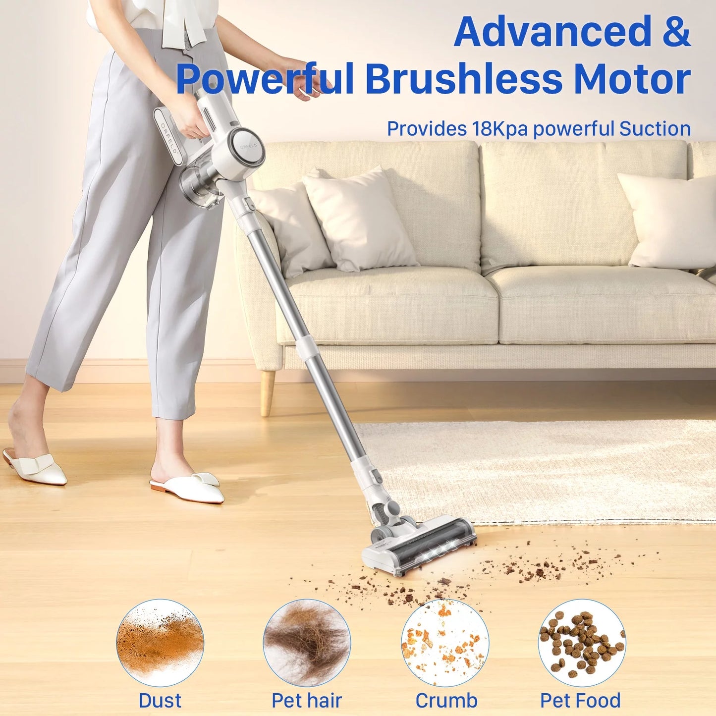 ORFELD Cordless Vacuum Cleaner, 20000Pa Stick Vacuum 2 in 1, Up to 50 Mins Runtime, with Dual Digital Motor for Deep Clean Whole House