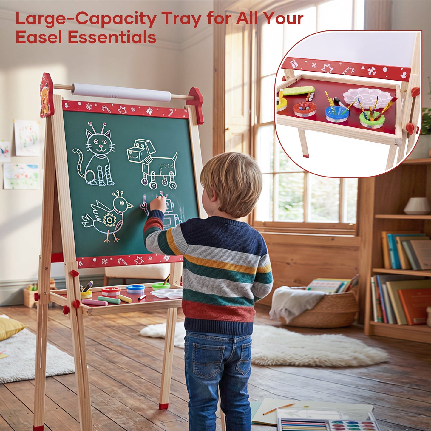 SaveJoy Kids Easel,Reindeer Adjustable Double-Sided Whiteboard,Wooden Toddlers Drawing Chalkboard with Paper & Art Supplies for 3-8 Boys Girls