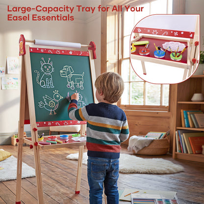 SaveJoy Kids Easel,Reindeer Adjustable Double-Sided Whiteboard,Wooden Toddlers Drawing Chalkboard with Paper & Art Supplies for 3-8 Boys Girls