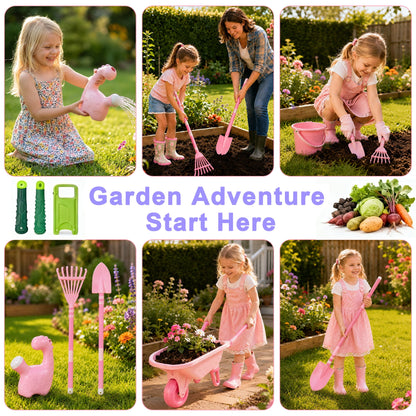 SaveJoy Kids Gardening Tools Set, Pink Toddler Garden Outdoor Toys, Kids Wheelbarrow with Watering Can, Shovel, Rake, Hoe, Outdoor Toys for Kids Age 4-8，Pink