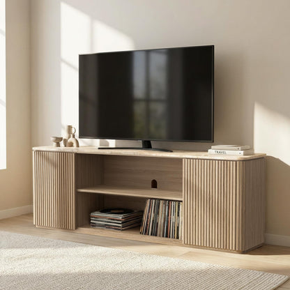 70" Fluted Wood TV Stands with Storage, Faux Marble Top,  Modern Oak Television Console for 65-80" TVs, Large Entertainment Center Living Room