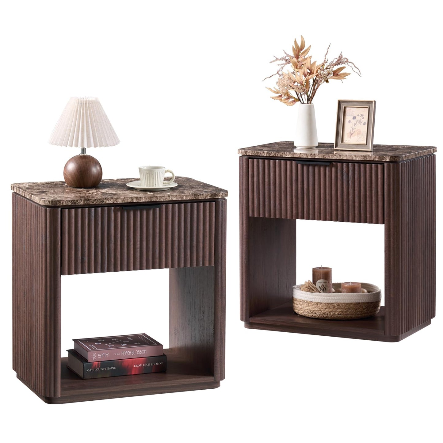 24" Tall Fluted Walnut End Table with Drawer Set of 2, Modern Bedside Table with Faux Marble Top and Rounded Corners for Bedroom