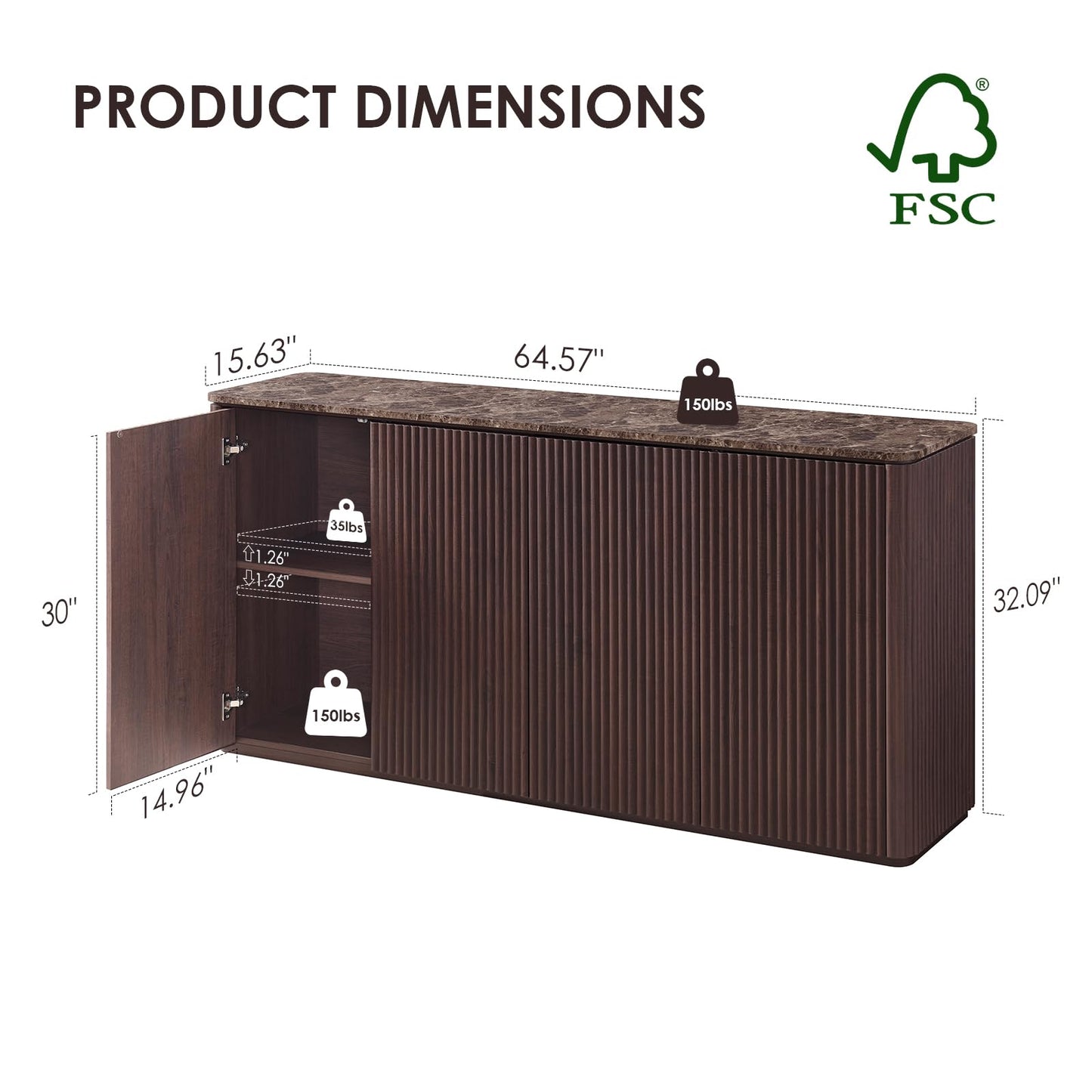 4 Doors 65'' Sideboard Buffet Cabinet with Storage, Walnut Fluted Credenza Kitchen Cabinet Storage with Adjustable Shelves for Living Room, Entryway, Kitchen