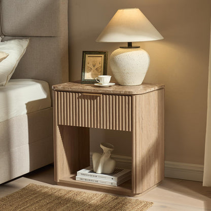 24" Tall Oak End Tables Living Room Set of 2, Fluted Wood Nightstands with Drawer and Faux Marble Top for Small Space
