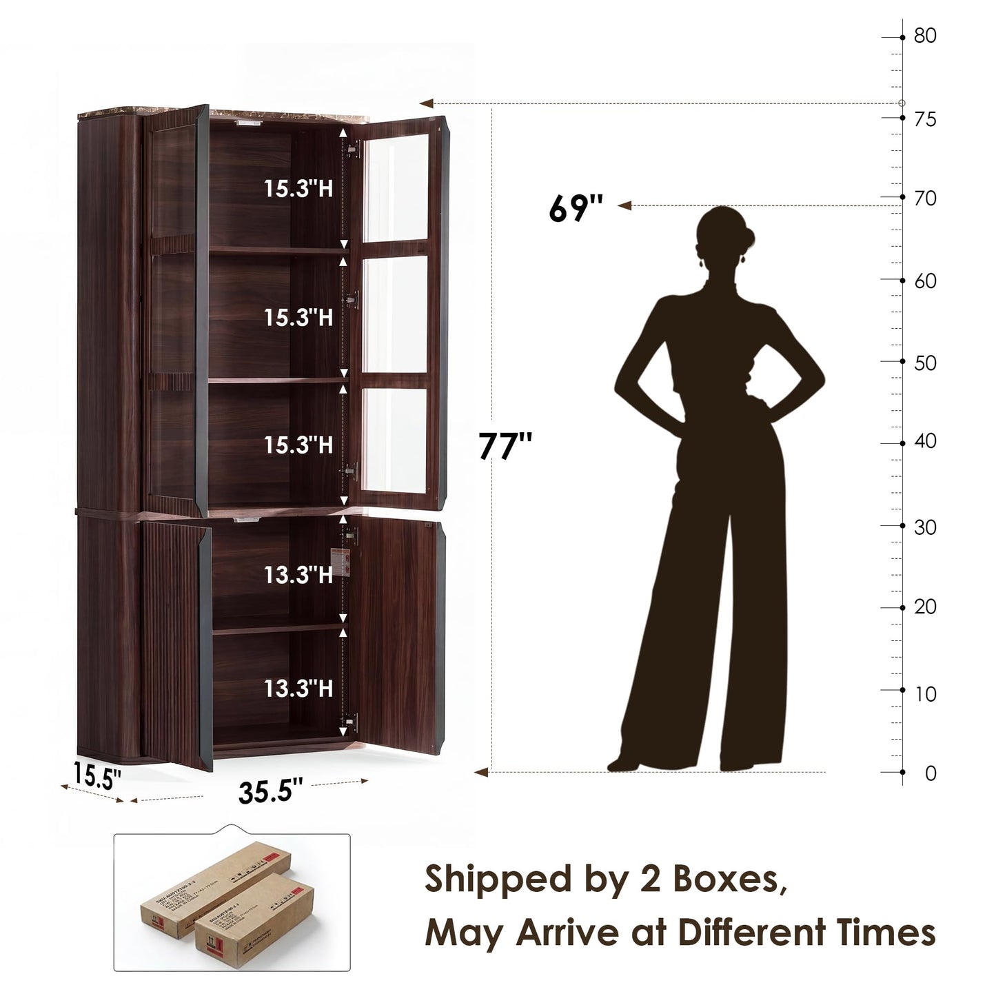 77" Tall Modern Fluted Storage Cabinet, Walnut Glass Door Accent Cabinet with Adjustable Shelves for Living Room Bedroom Office