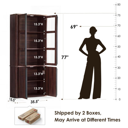 77" Tall Modern Fluted Storage Cabinet, Walnut Glass Door Accent Cabinet with Adjustable Shelves for Living Room Bedroom Office