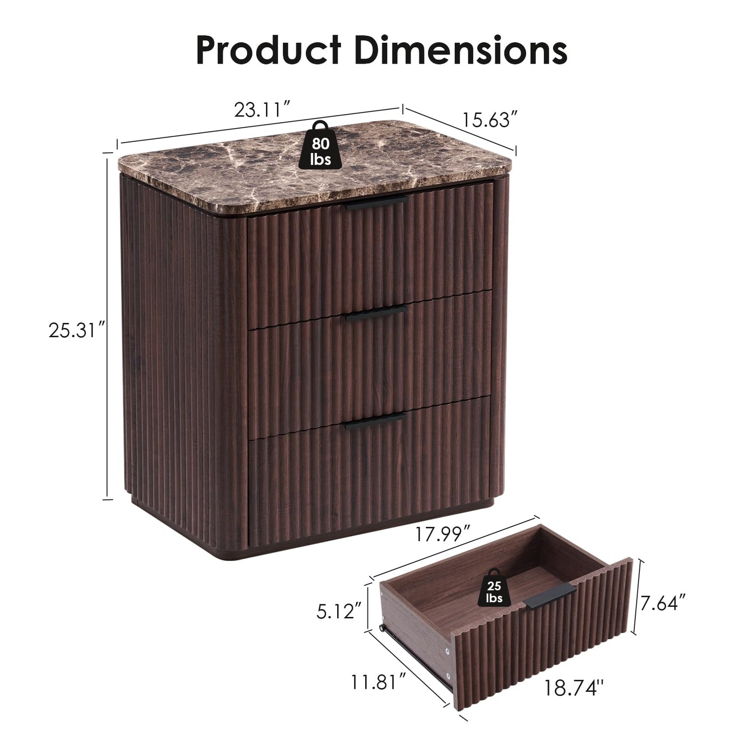 25.3" Tall Set of 2 Modern Fluted Nightstands, 2in Thicker Walnut 3 Drawer Bedside Tables, Faux Marble Top and Rounded Corners