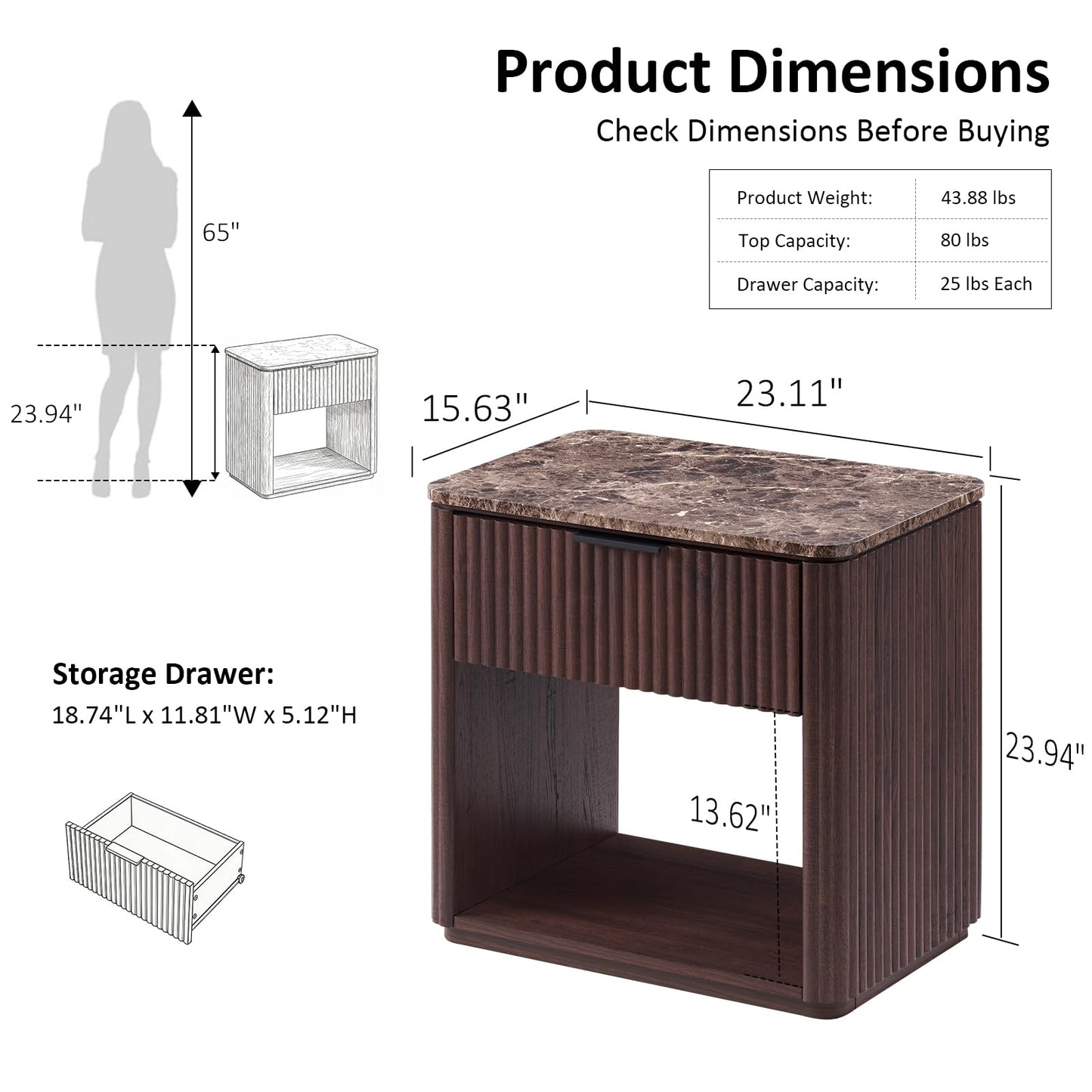 Wood Fluted Drawer Nightstand with Open Shelf, 24" Tall Modern Walnut Bedside Table with Faux Marble Top and Gold Handle for Bedroom & Small Spaces