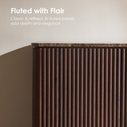 54.5" Wide 7 Drawer Dresser for Bedroom, Faux Marble Top Walnut Storage Cabinet with 2" Thick Side Board