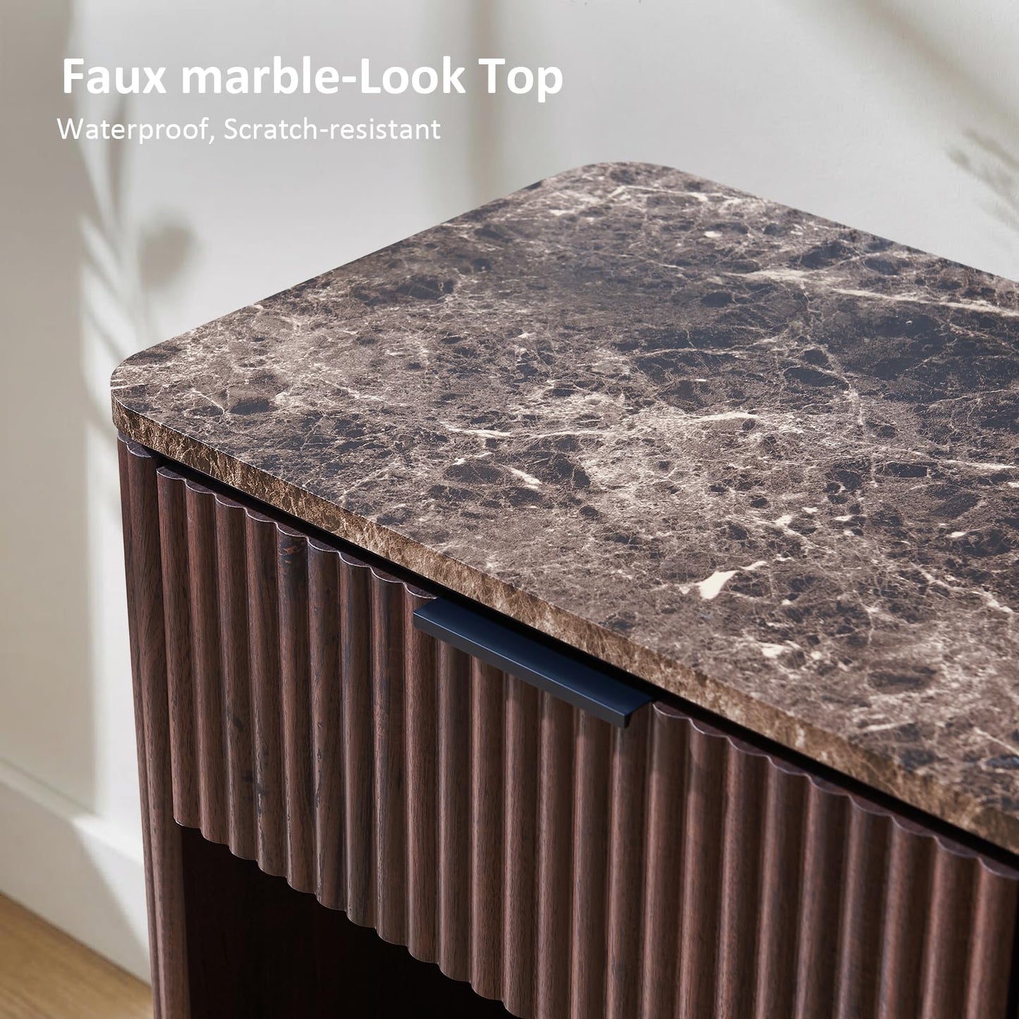 Wood Fluted Drawer Nightstand with Open Shelf, 24" Tall Modern Walnut Bedside Table with Faux Marble Top and Gold Handle for Bedroom & Small Spaces
