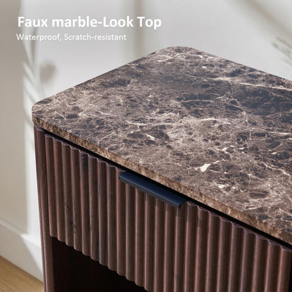 Wood Fluted Drawer Nightstand with Open Shelf, 24" Tall Modern Walnut Bedside Table with Faux Marble Top and Gold Handle for Bedroom & Small Spaces