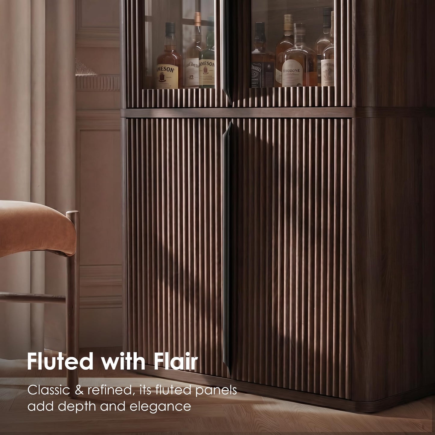 77" Tall Modern Fluted Storage Cabinet, Walnut Glass Door Accent Cabinet with Adjustable Shelves for Living Room Bedroom Office