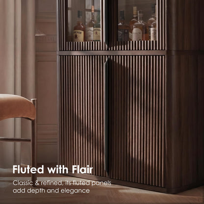 77" Tall Modern Fluted Storage Cabinet, Walnut Glass Door Accent Cabinet with Adjustable Shelves for Living Room Bedroom Office