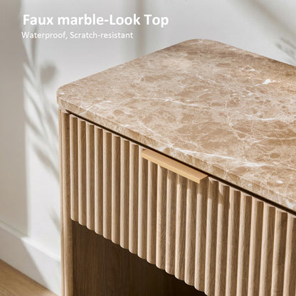 24"H Fluted Wood Nightstand with Drawer, Small Oak Bedside Table with Faux Marble Top for Bedroom Living Room