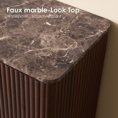 2 Drawer Walnut Nightstand with Faux Marble Top, 24"H Modern Luxury Fluted Bedside Table for Bedroom & Living Room