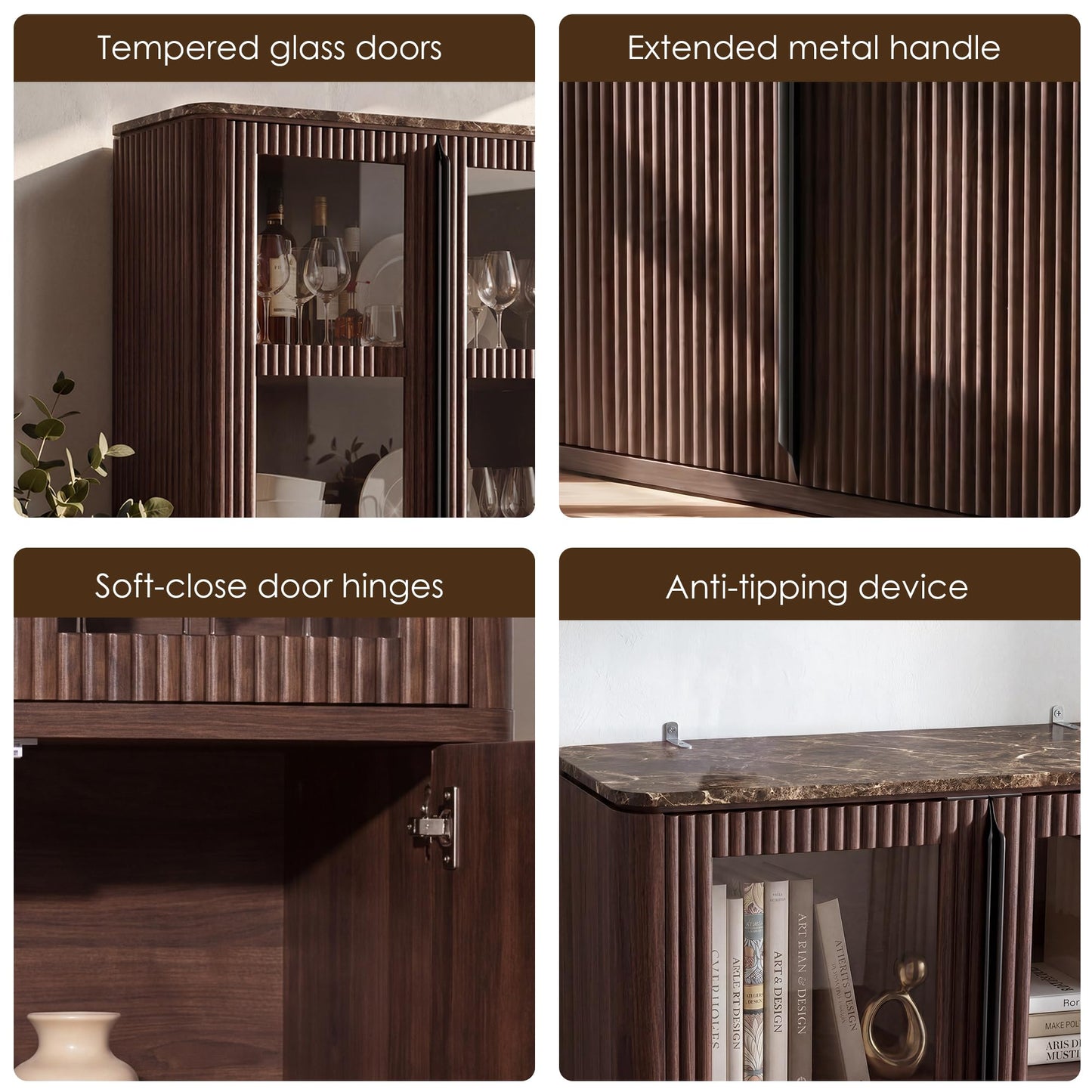 77" Tall Modern Fluted Storage Cabinet, Walnut Glass Door Accent Cabinet with Adjustable Shelves for Living Room Bedroom Office