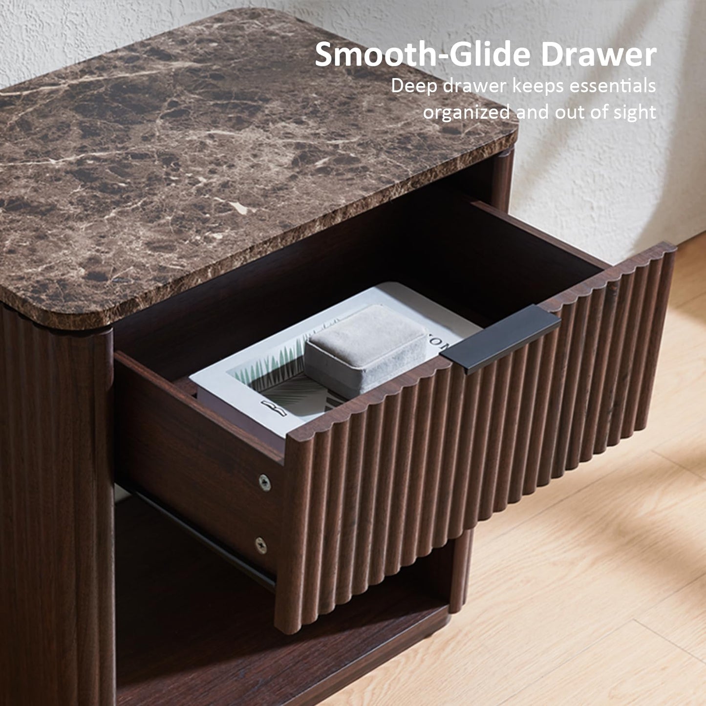 Wood Fluted Drawer Nightstand with Open Shelf, 24" Tall Modern Walnut Bedside Table with Faux Marble Top and Gold Handle for Bedroom & Small Spaces