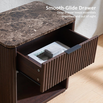 Wood Fluted Drawer Nightstand with Open Shelf, 24" Tall Modern Walnut Bedside Table with Faux Marble Top and Gold Handle for Bedroom & Small Spaces