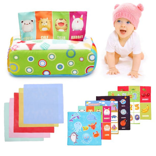 Baby Tissue Box Toy, CAUTUM Soft Pull Along Sensory Box for Toddlers, Crinkle Paper Boys Girls Early Education Toy Gift