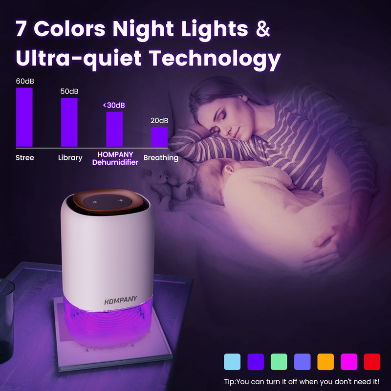 HOMPANY Dehumidifier, 37oz 1100ml, 2200 Cubic feet 240sq ft with 7 Colors LED Light and Auto Shut off, for Bathroom, Bedroom, Closet
