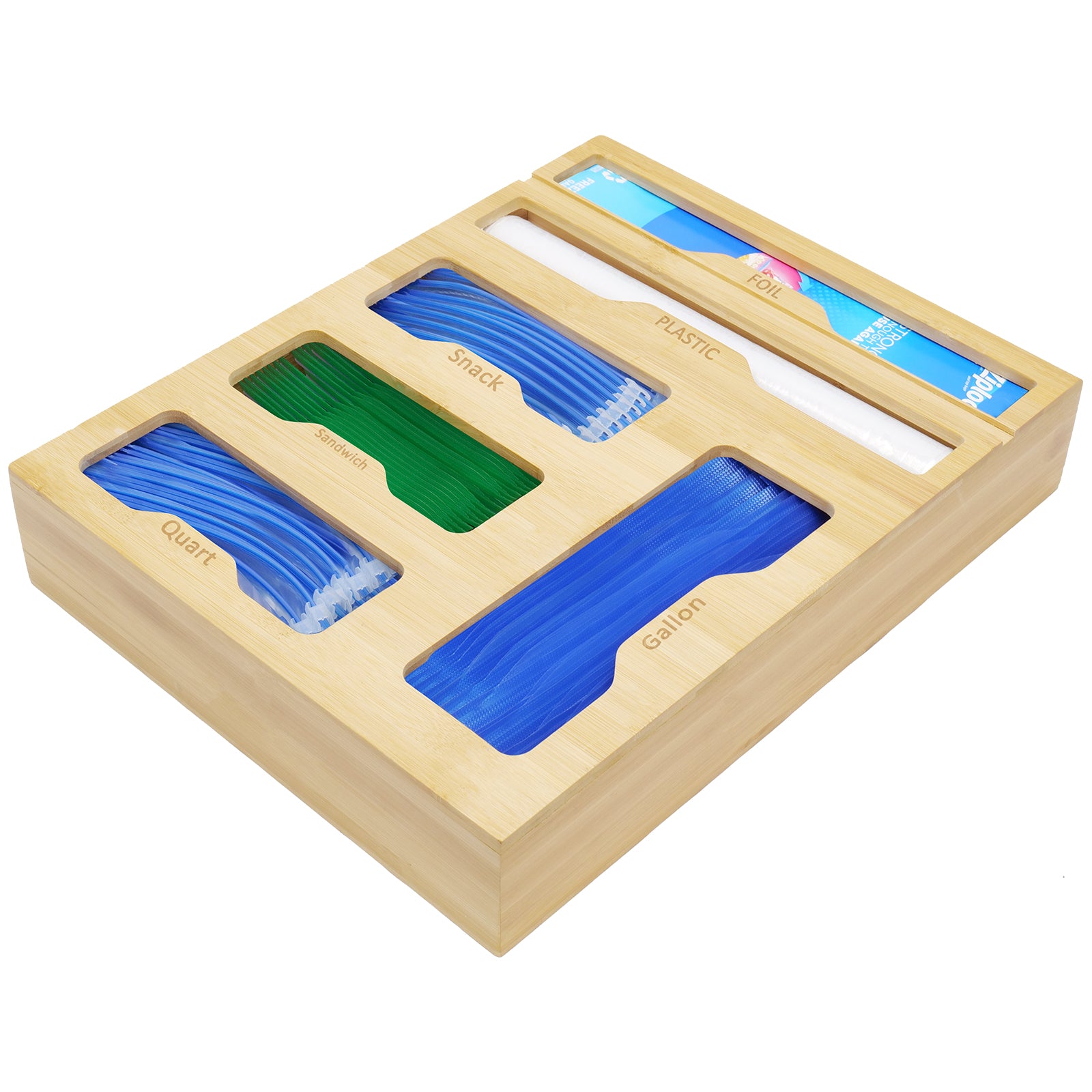 CAUTUM Bamboo Plastic Wrap Dispenser, 6 in 1 Food Bag Sorting Box, Storage Organizer for Kitchen Drawer