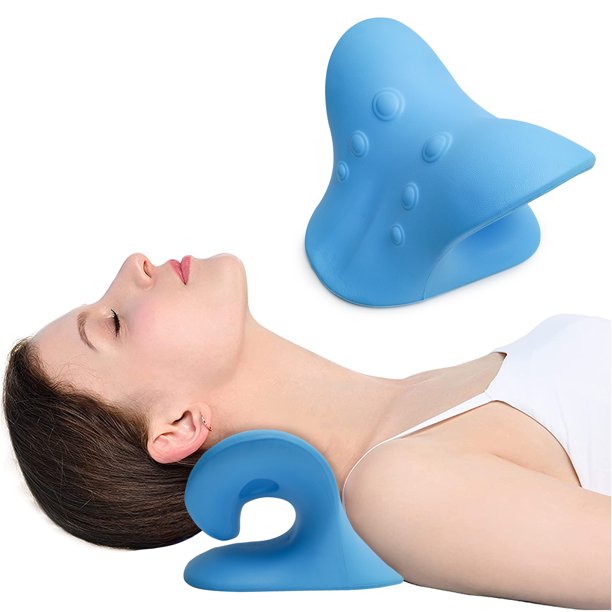 Neck and Shoulder Relaxer, Cervical Traction Device Neck Stretcher for TMJ Pain Relief, Chiropractic Pillow Blue