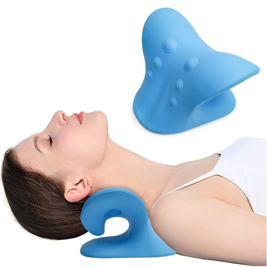 Neck and Shoulder Relaxer, Cervical Traction Device Neck Stretcher for TMJ Pain Relief, Chiropractic Pillow Blue