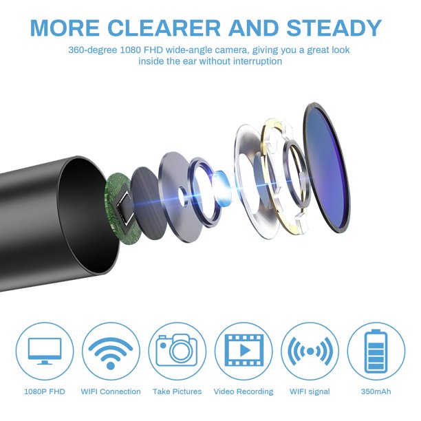 Ear Wax Removal Endoscope, 1080P HFD Visual Wireless Earwax Cleaner with 6 LED Lights, Waterproof Plastic Ear Camera Earpicks Compatible iPhone, iPad and Android