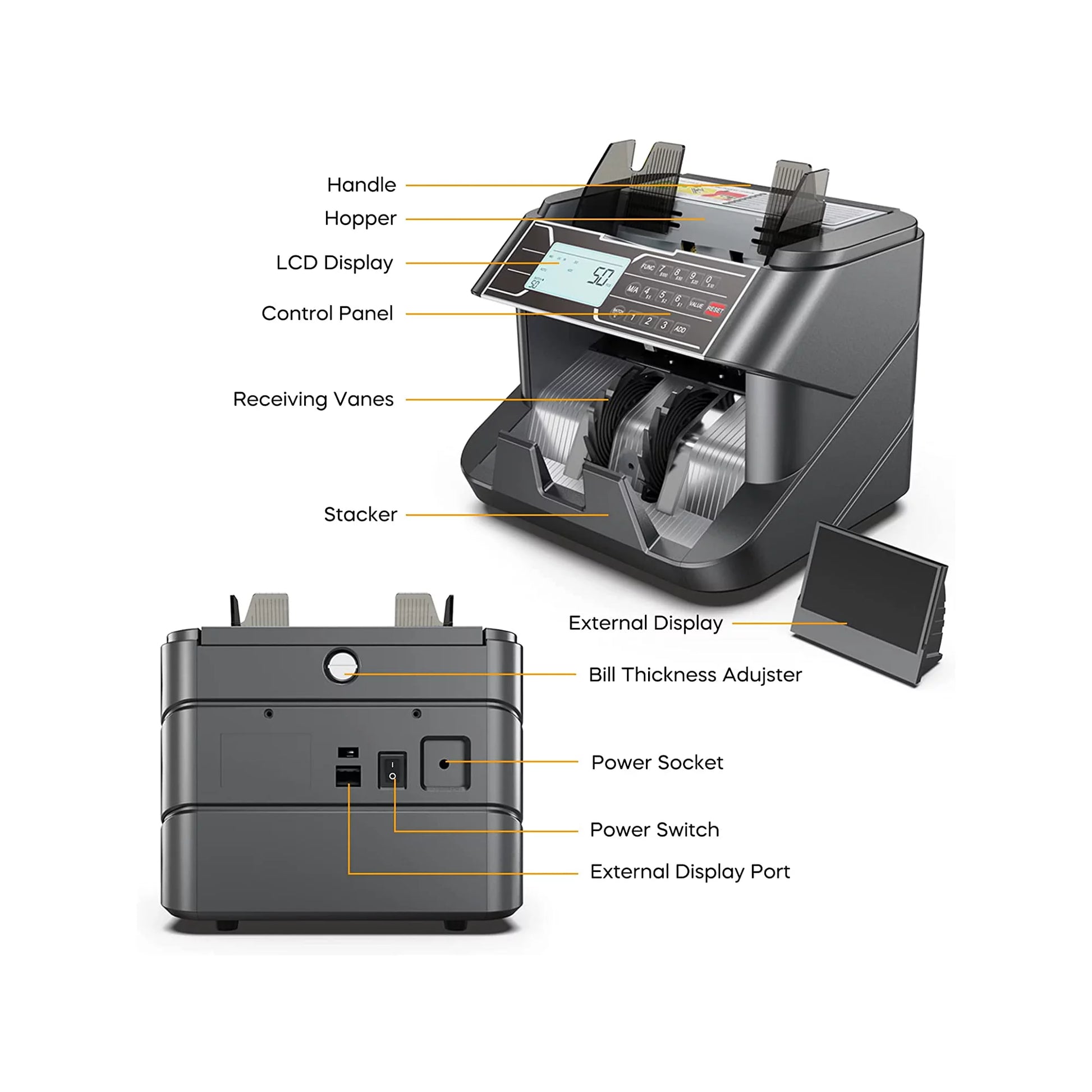 ORFELD Money Counter Machine, UV/MG/IR/DD Counterfeit Detection Vertical Bill Counter, Fixed Denomination Value Counting Sorter, Add and Batch, Large LCD Display, 1200pcs/min