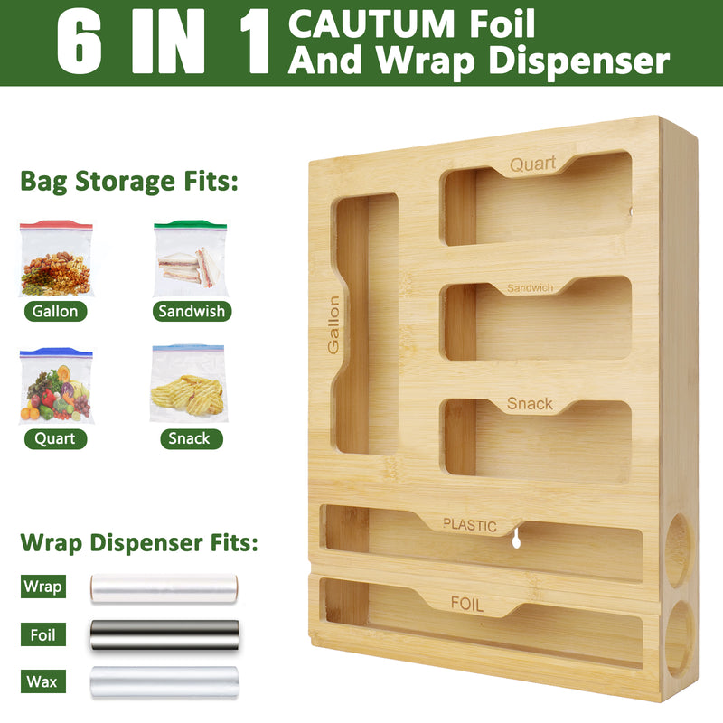 CAUTUM Bamboo Plastic Wrap Dispenser, 6 in 1 Food Bag Sorting Box, Storage Organizer for Kitchen Drawer