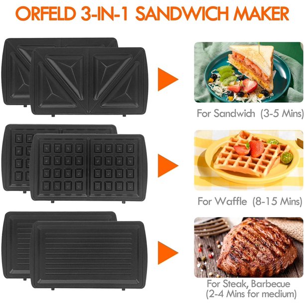 ORFELD Sandwich Maker, Panini Press Grill, 750 Watt 3 In 1 Detachable Non-Stick Coating with Led Indicator Lights