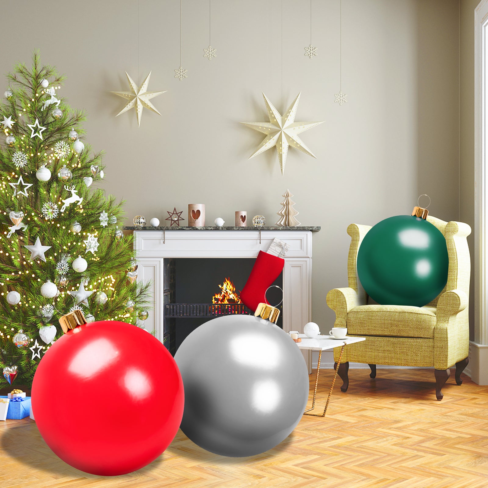 Christmas Inflatable Balloon, 30" CAUTUM Oversize PVC Christmas Ornaments Outdoor Decoration Silver