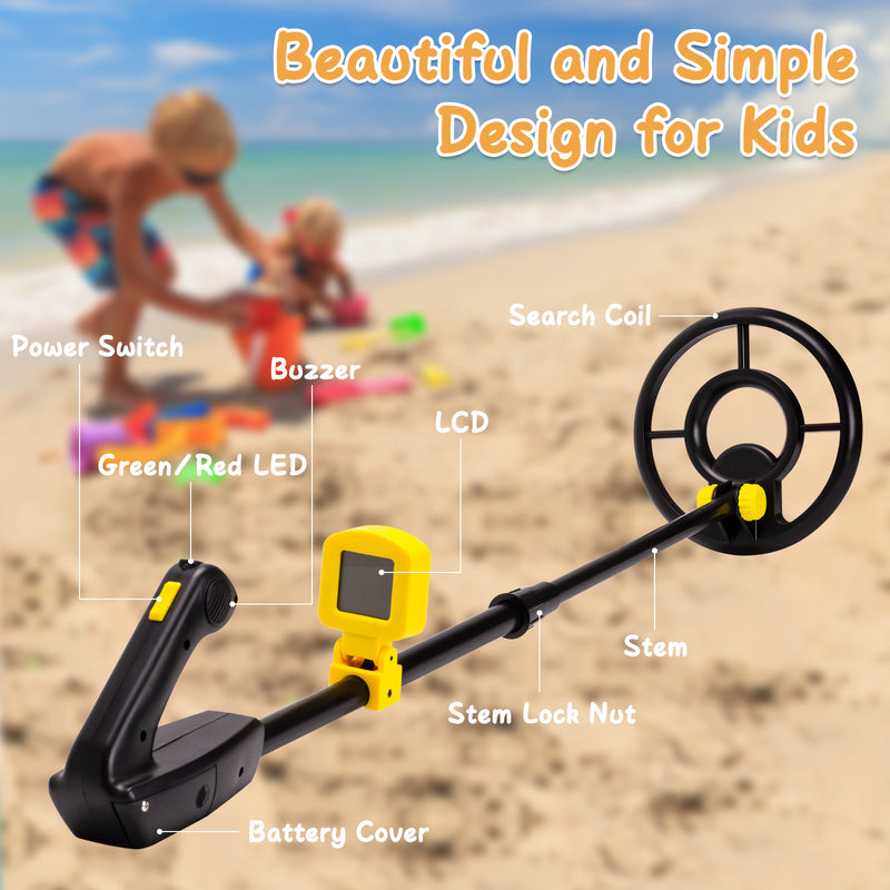 Metal Detector for Kids, CAUTUM Waterproof Search Coil 28" to 35" Adjustable Lightweight Metal Detector, Yellow