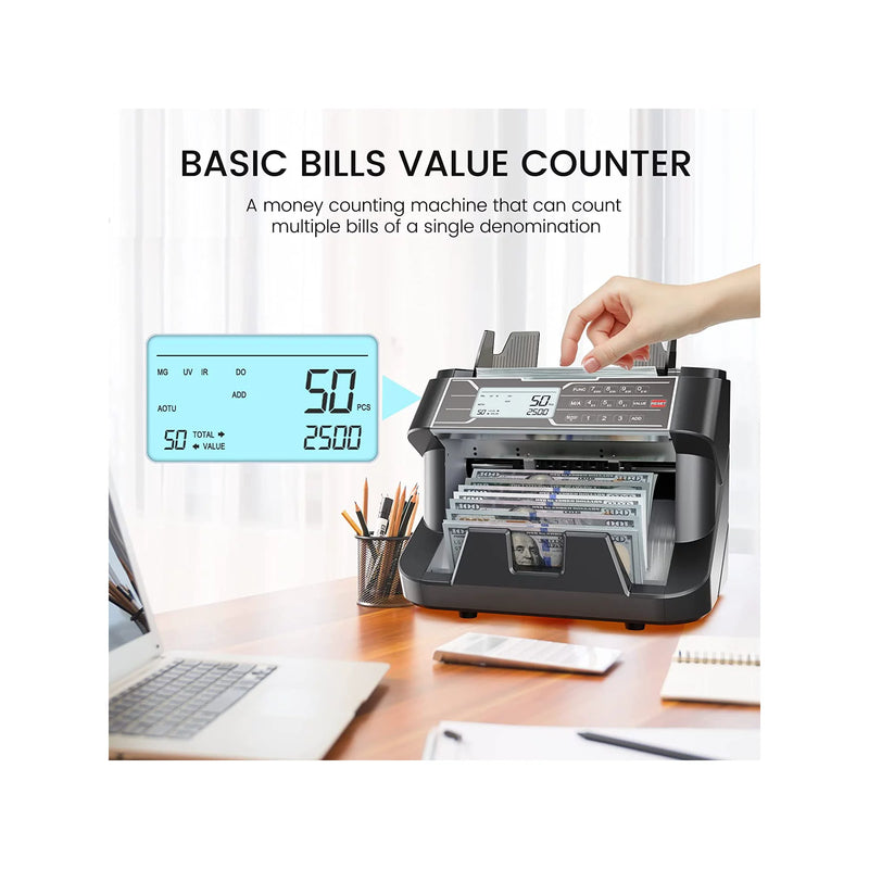 ORFELD Money Counter Machine, UV/MG/IR/DD Counterfeit Detection Vertical Bill Counter, Fixed Denomination Value Counting Sorter, Add and Batch, Large LCD Display, 1200pcs/min