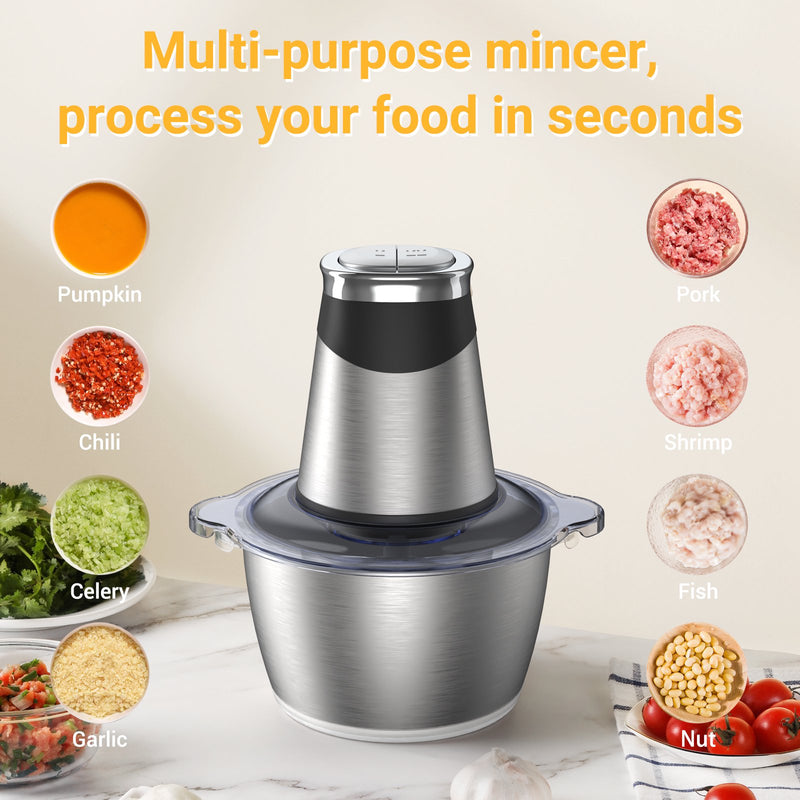 ORFELD Meat Grinder Electric, 8 Cup Stainless Steel Bowl Food Processor, 2 Speeds Meat Chopper for Beef Vegetables Fruits Nuts, 4 Sharp Blades, 300W, Kitchen Gift for Salad Lovers