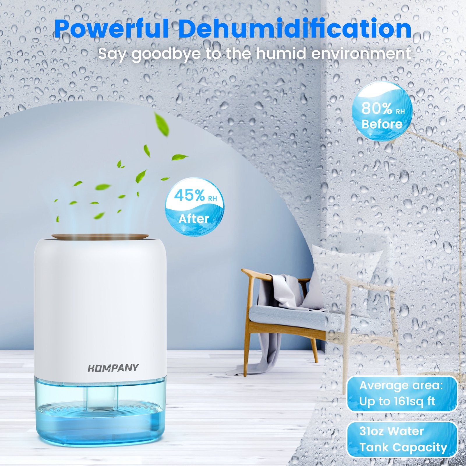HOMPANY Dehumidifier, 37oz 1100ml, 2200 Cubic feet 240sq ft with 7 Colors LED Light and Auto Shut off, for Bathroom, Bedroom, Closet