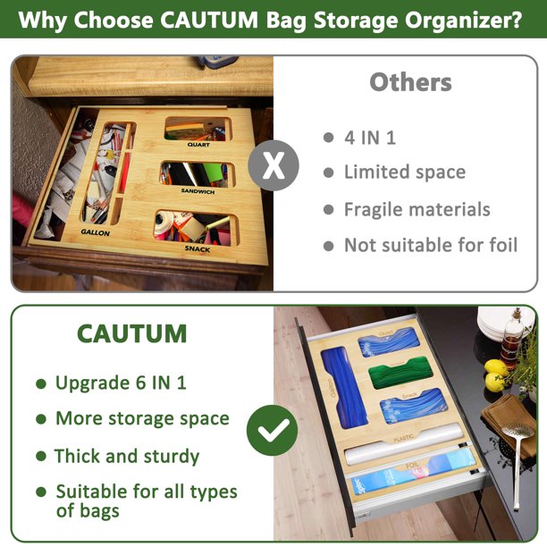 Ziplock Bag Storage Organizer, CAUTUM Bamboo Foil and Plastic Wrap Dispenser with Cutter, 6 in 1 Ziplock Bag Container for Kitchen Drawer