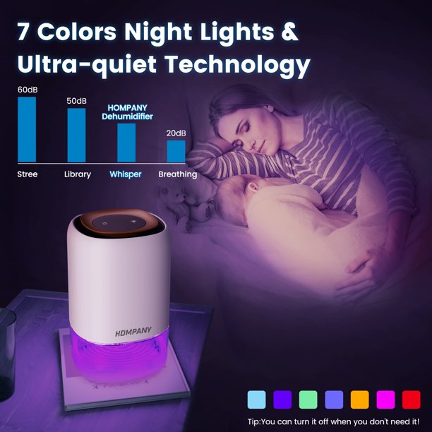 HOMPANY Dehumidifier, 38oz 1100ml Dehumidifiers, 2200 Cubic feet 240sq ft Dehumidifier with 7 Colors LED Light and Auto Shut-off for Basements, Bathroom, Bedroom