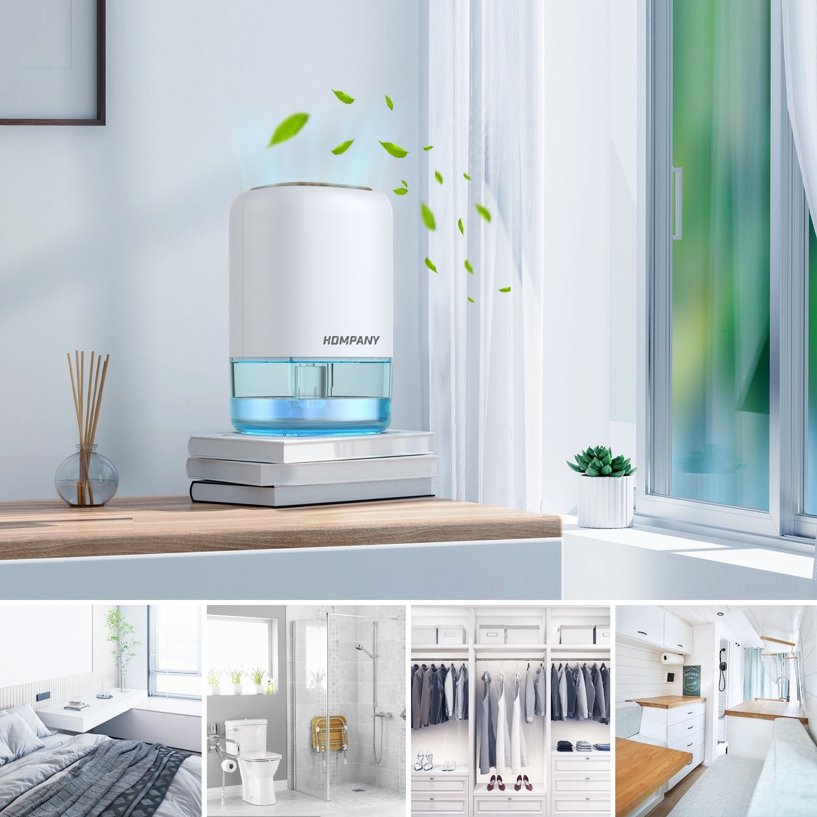 HOMPANY Dehumidifier, 37oz 1100ml, 2200 Cubic feet 240sq ft with 7 Colors LED Light and Auto Shut off, for Bathroom, Bedroom, Closet