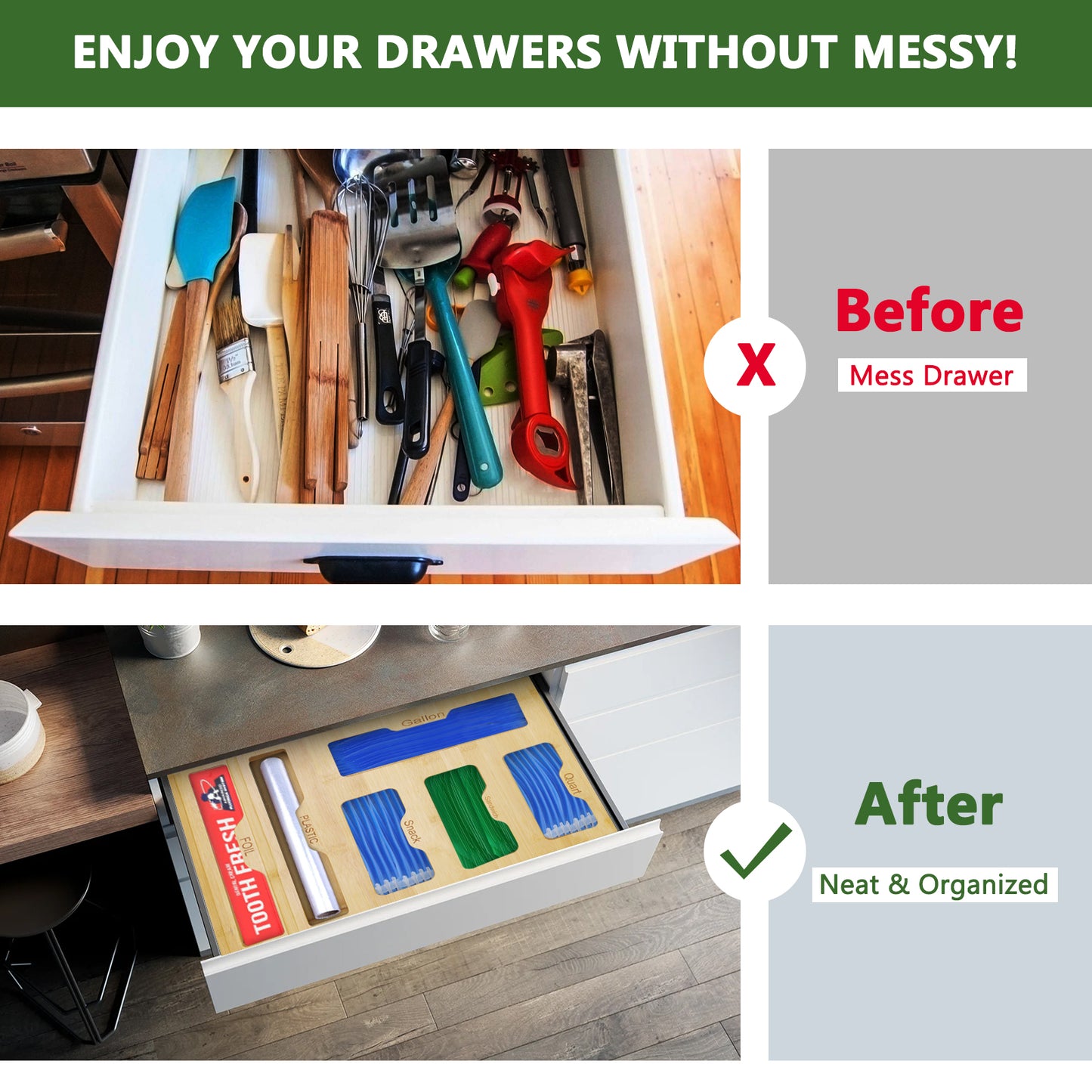 CAUTUM Bamboo Plastic Wrap Dispenser, 6 in 1 Food Bag Sorting Box, Storage Organizer for Kitchen Drawer