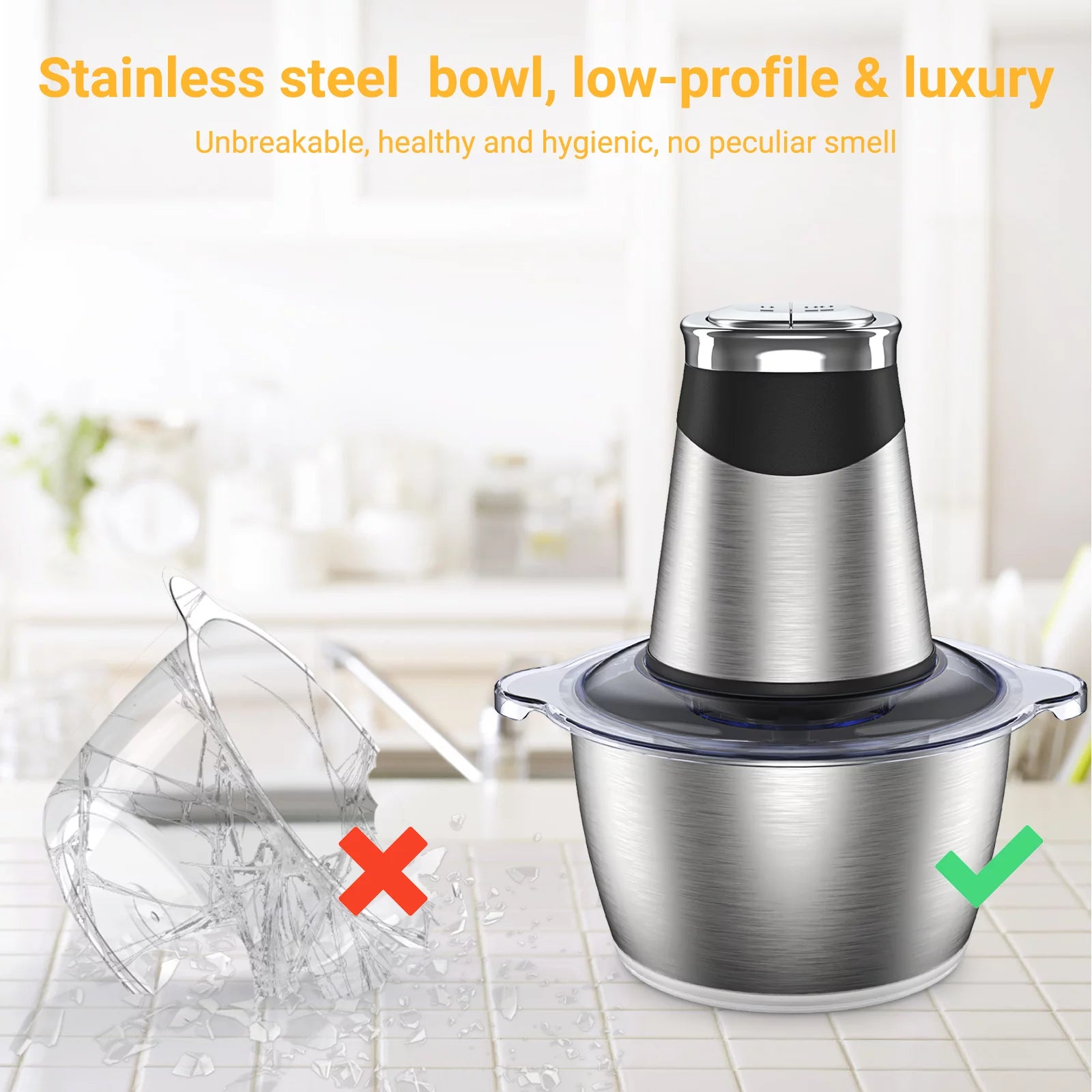 ORFELD Meat Grinder Electric, 8 Cup Stainless Steel Bowl Food Processor, 2 Speeds Meat Chopper for Beef Vegetables Fruits Nuts, 4 Sharp Blades, 300W, Kitchen Gift for Salad Lovers